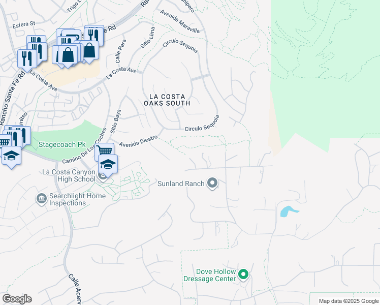 map of restaurants, bars, coffee shops, grocery stores, and more near 3833 Megan Lane in Encinitas