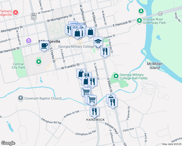 map of restaurants, bars, coffee shops, grocery stores, and more near 130 East Screven Street in Milledgeville