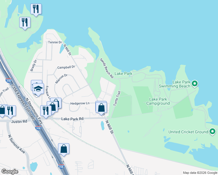 map of restaurants, bars, coffee shops, grocery stores, and more near 2107 Lakeview Circle in Lewisville
