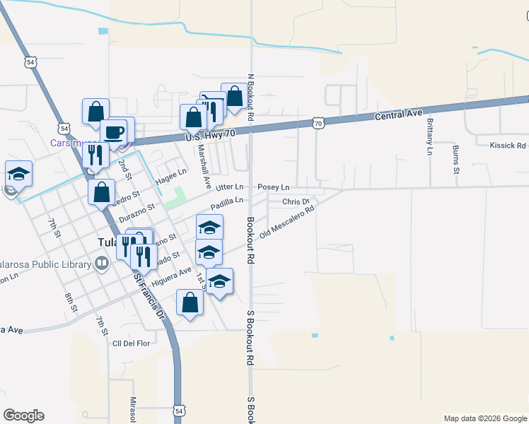 map of restaurants, bars, coffee shops, grocery stores, and more near 500-506 Ethel Ln in Tularosa