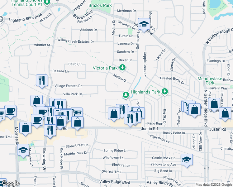 map of restaurants, bars, coffee shops, grocery stores, and more near 613 Arbor Court in Highland Village