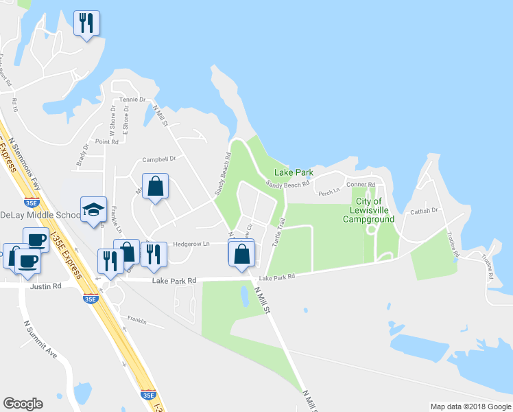 map of restaurants, bars, coffee shops, grocery stores, and more near 2105 Lakeview Circle in Lewisville