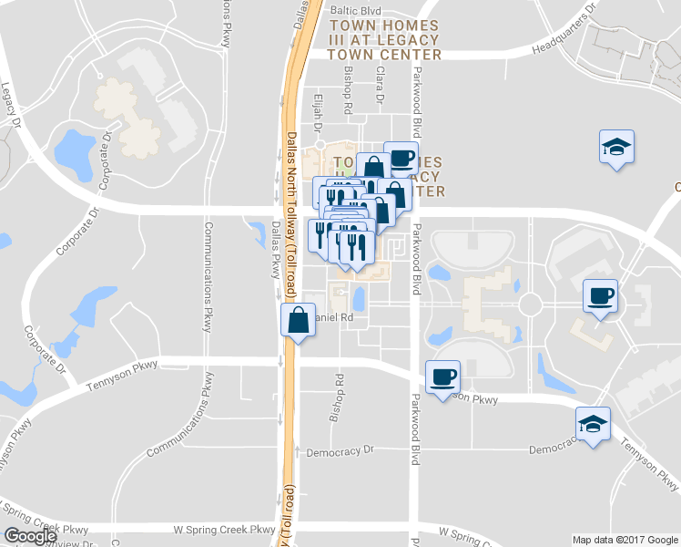 map of restaurants, bars, coffee shops, grocery stores, and more near 7161 Bishop Road in Plano