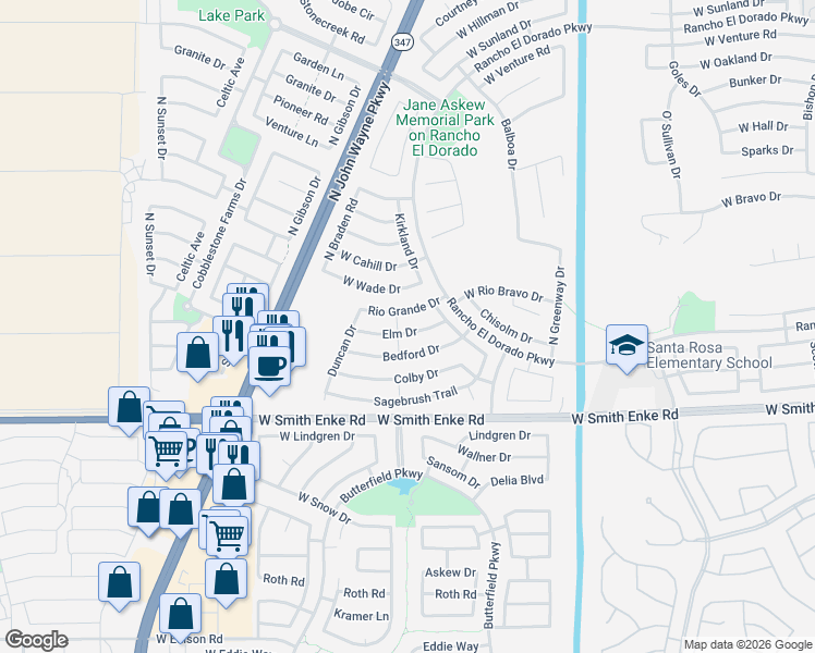 map of restaurants, bars, coffee shops, grocery stores, and more near 43767 Elm Drive in Maricopa