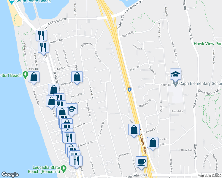 map of restaurants, bars, coffee shops, grocery stores, and more near 1445 Hymettus Avenue in Encinitas