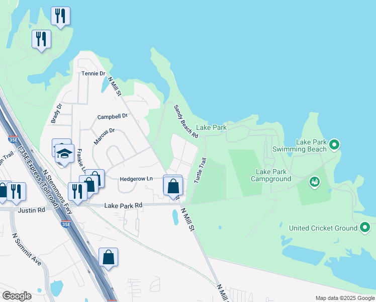 map of restaurants, bars, coffee shops, grocery stores, and more near 2101 Lakeview Circle in Lewisville