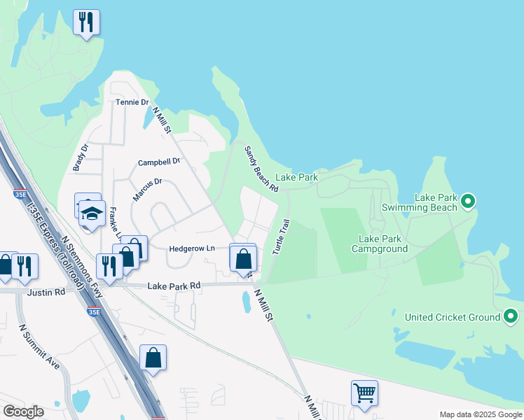 map of restaurants, bars, coffee shops, grocery stores, and more near 2101 Lakeview Circle in Lewisville