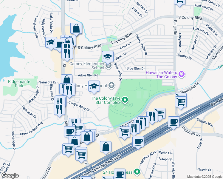 map of restaurants, bars, coffee shops, grocery stores, and more near 4301 Blair Oaks Drive in The Colony