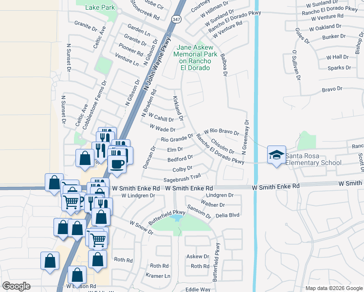 map of restaurants, bars, coffee shops, grocery stores, and more near 43624 Bedford Drive in Maricopa