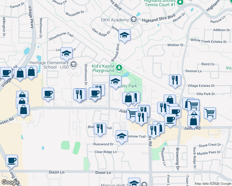 map of restaurants, bars, coffee shops, grocery stores, and more near 2100 Briarhill Boulevard in Highland Village