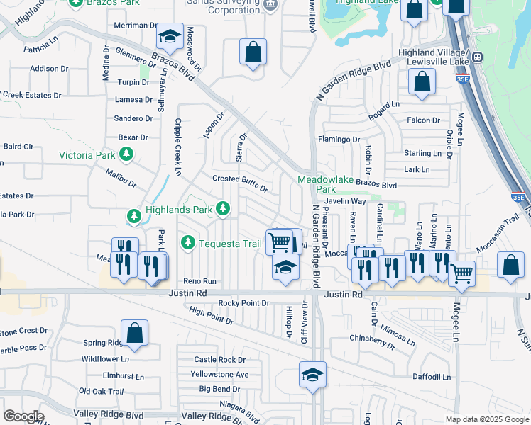 map of restaurants, bars, coffee shops, grocery stores, and more near 1532 Snow Trail in Lewisville