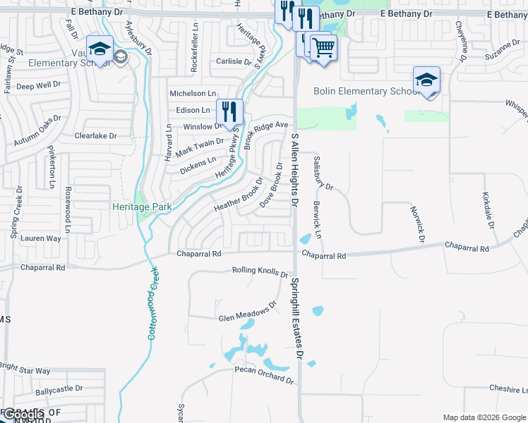map of restaurants, bars, coffee shops, grocery stores, and more near 1118 Elmbrook Court in Allen