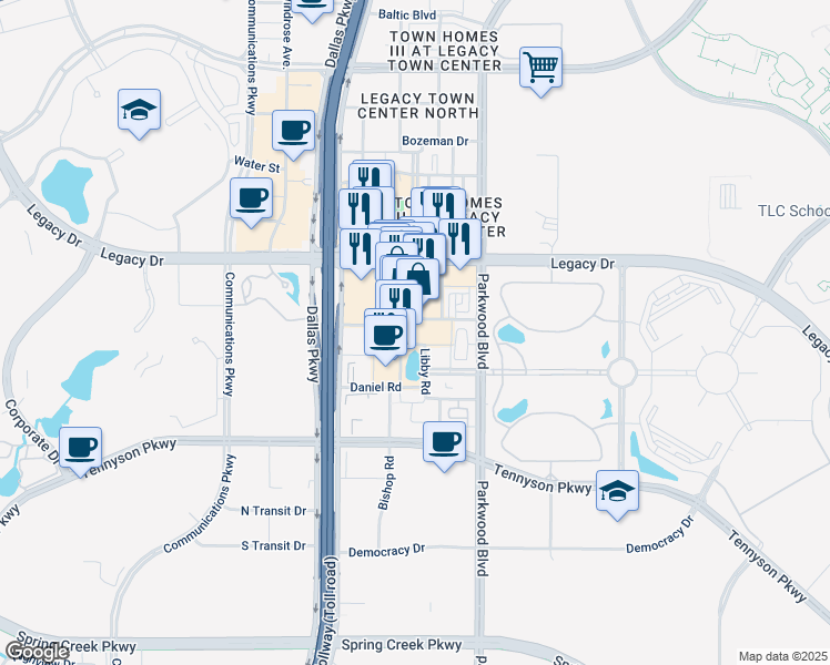 map of restaurants, bars, coffee shops, grocery stores, and more near 5740 Martin Road in Plano
