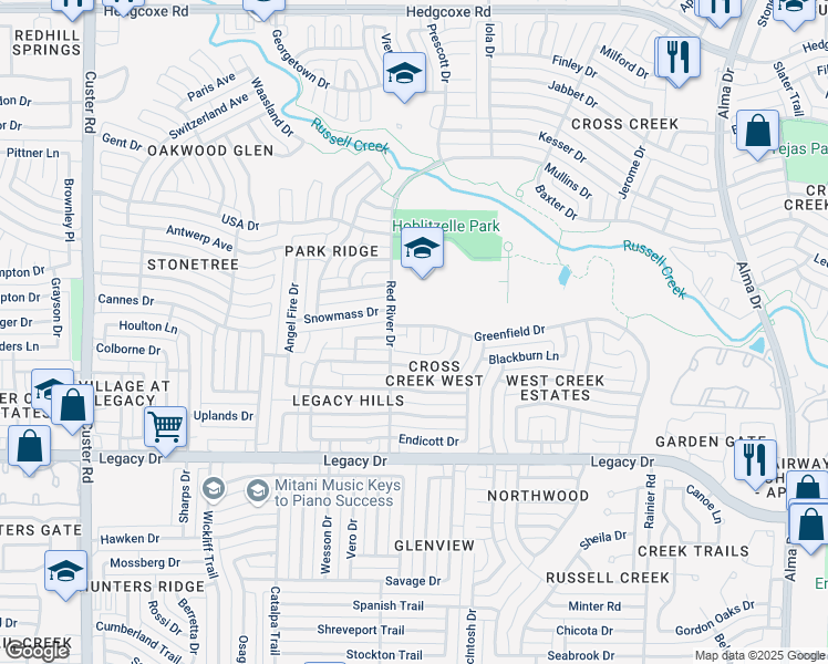 map of restaurants, bars, coffee shops, grocery stores, and more near 7312 Tabor Circle in Plano