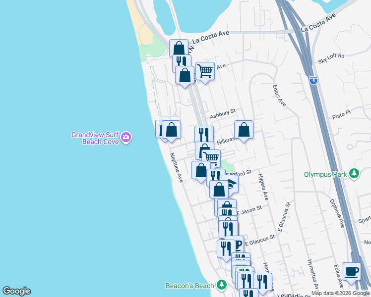 map of restaurants, bars, coffee shops, grocery stores, and more near 163 Avocado Street in Encinitas
