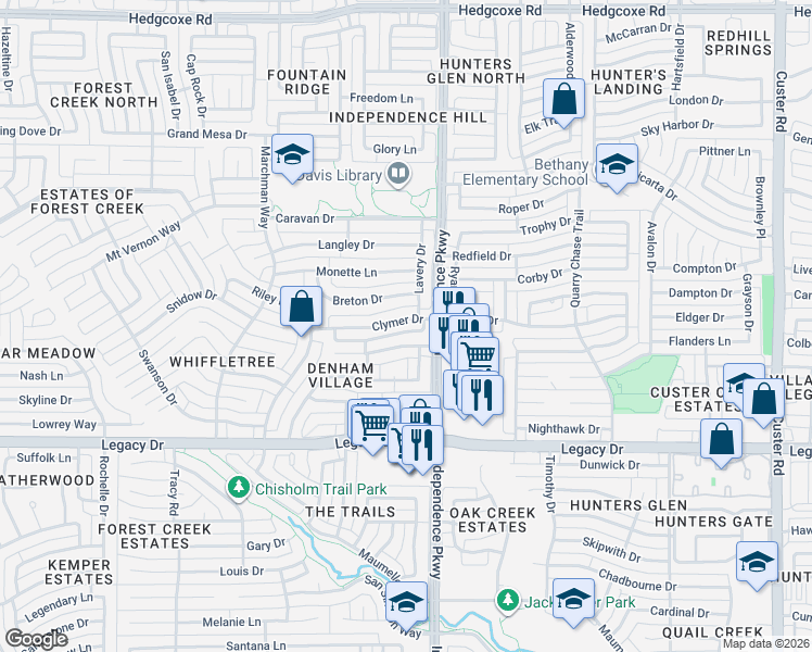 map of restaurants, bars, coffee shops, grocery stores, and more near 3104 Clymer Drive in Plano