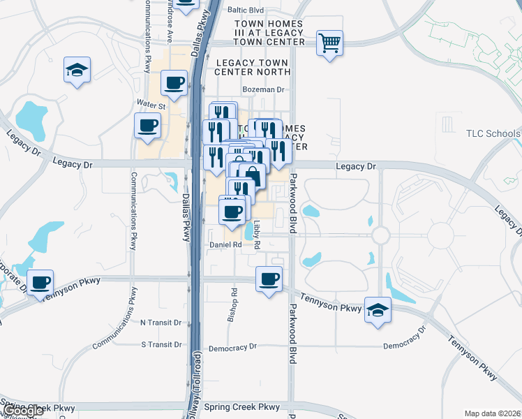 map of restaurants, bars, coffee shops, grocery stores, and more near 5740 Martin Road in Plano