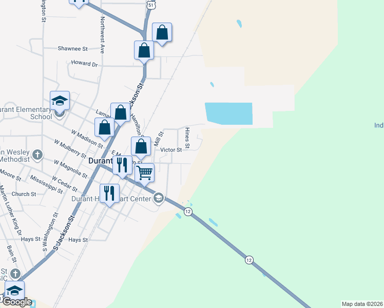 map of restaurants, bars, coffee shops, grocery stores, and more near 773 East Madison Street in Durant
