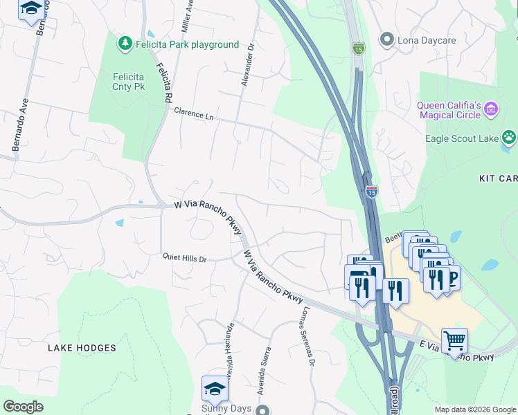 map of restaurants, bars, coffee shops, grocery stores, and more near 375 Camino Bailen in Escondido