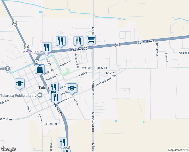 map of restaurants, bars, coffee shops, grocery stores, and more near 603 Bookout Road in Tularosa
