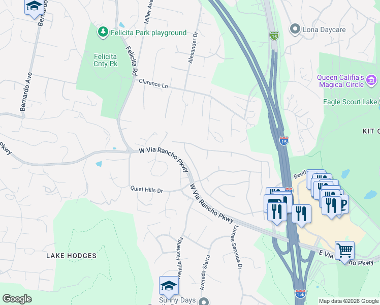 map of restaurants, bars, coffee shops, grocery stores, and more near 3070 Avenida Magoria in Escondido