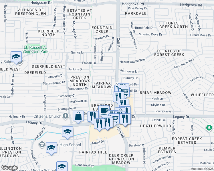 map of restaurants, bars, coffee shops, grocery stores, and more near 7209 Valley Bend Way in Plano