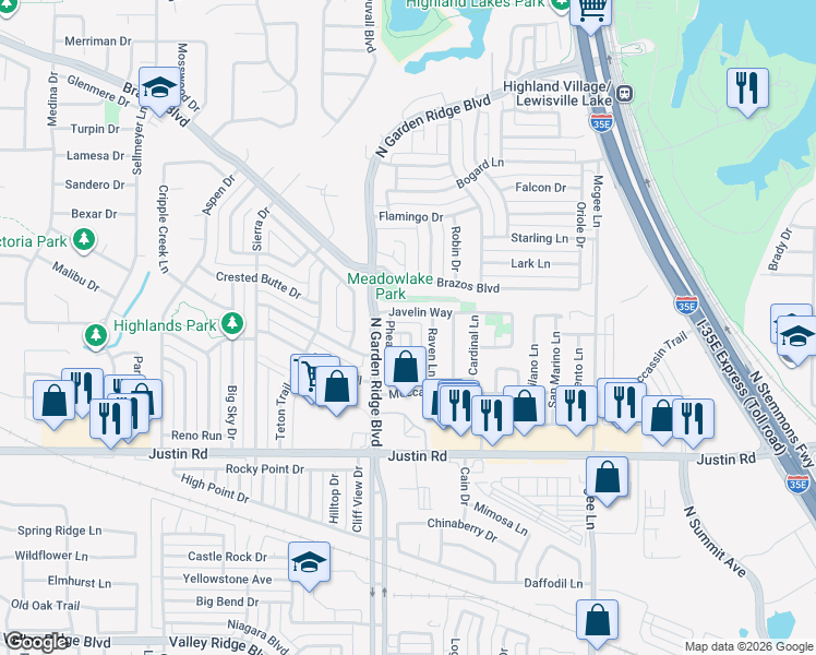 map of restaurants, bars, coffee shops, grocery stores, and more near 2025 Pheasant Drive in Lewisville