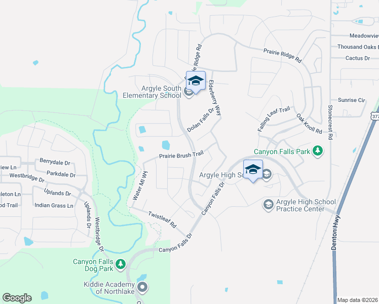 map of restaurants, bars, coffee shops, grocery stores, and more near 6371 Prairie Brush Trail in Argyle