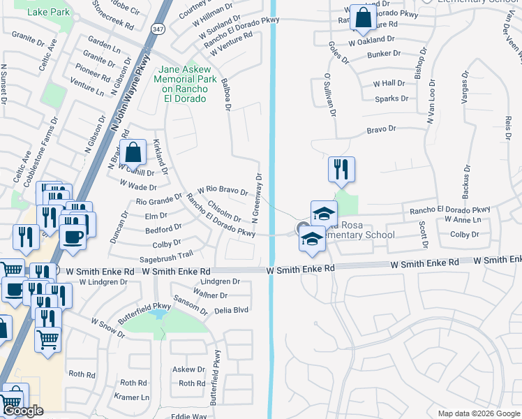 map of restaurants, bars, coffee shops, grocery stores, and more near 21501 Greenway Road in Maricopa