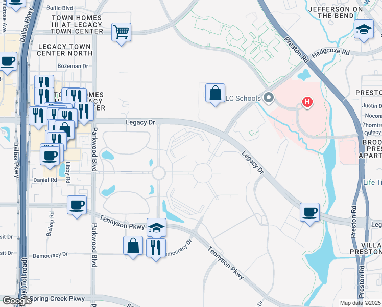 map of restaurants, bars, coffee shops, grocery stores, and more near 5360 Legacy Drive in Plano