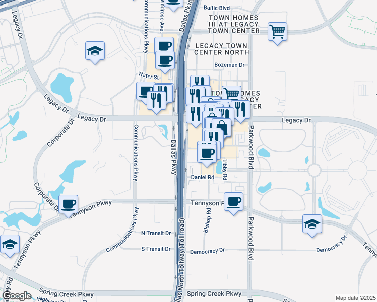 map of restaurants, bars, coffee shops, grocery stores, and more near 7122 Dallas Parkway in Plano
