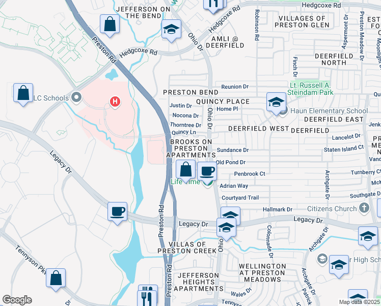 map of restaurants, bars, coffee shops, grocery stores, and more near 7200 Preston Road in Plano