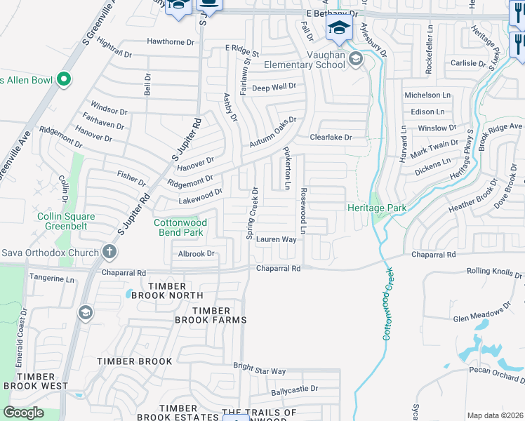 map of restaurants, bars, coffee shops, grocery stores, and more near 722 Rolling Hills Drive in Allen