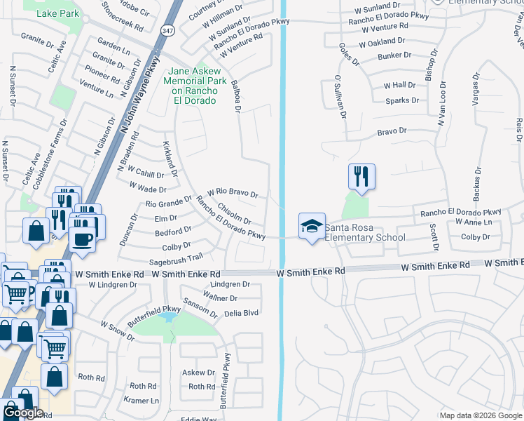 map of restaurants, bars, coffee shops, grocery stores, and more near 43188 West Chisholm Drive in Maricopa