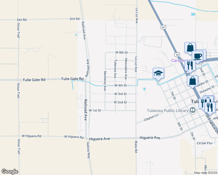 map of restaurants, bars, coffee shops, grocery stores, and more near 1604 W 3rd St in Tularosa