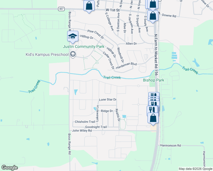 map of restaurants, bars, coffee shops, grocery stores, and more near 500 Hillcrest Circle in Justin