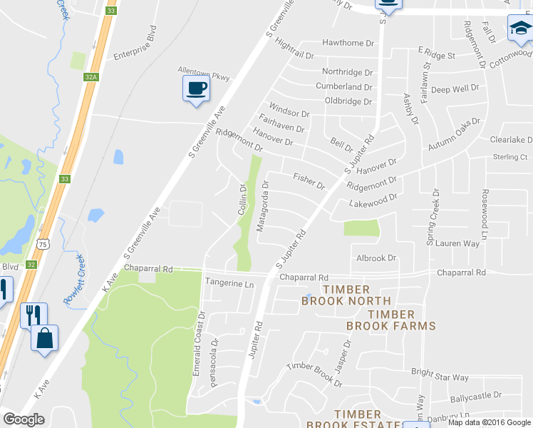 map of restaurants, bars, coffee shops, grocery stores, and more near 540 Guadalupe Drive in Allen