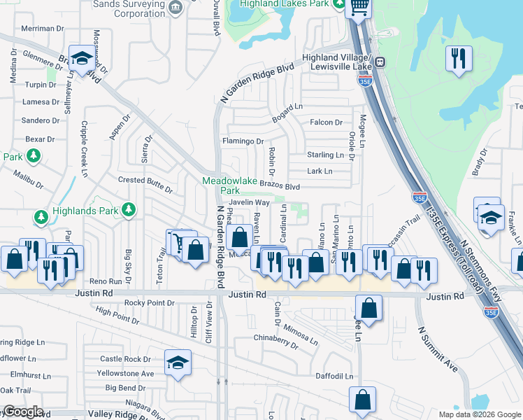 map of restaurants, bars, coffee shops, grocery stores, and more near 2039 Raven Lane in Lewisville