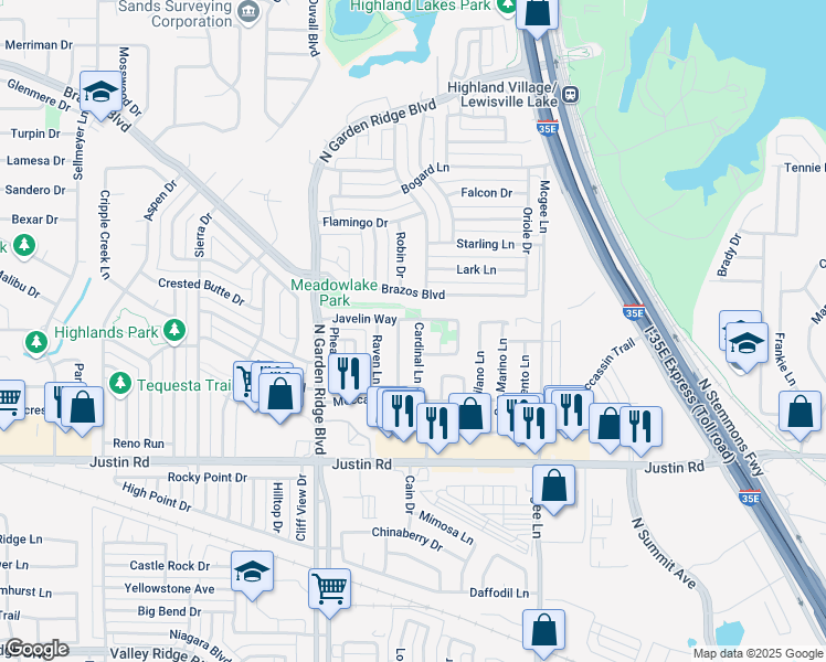 map of restaurants, bars, coffee shops, grocery stores, and more near 2040 Cardinal Lane in Lewisville
