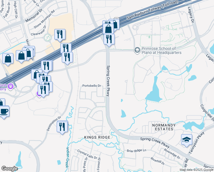 map of restaurants, bars, coffee shops, grocery stores, and more near 7224 West Spring Creek Parkway in Plano