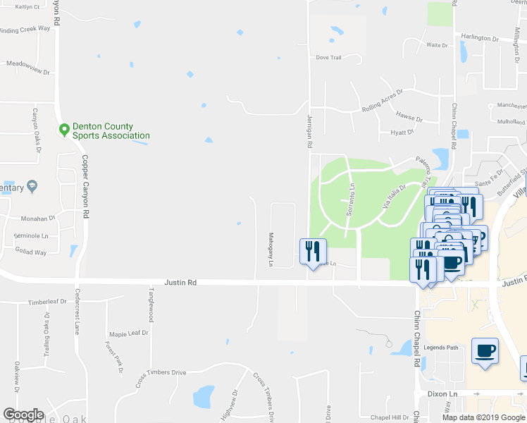 map of restaurants, bars, coffee shops, grocery stores, and more near 4533 Mahogany Lane in Lewisville