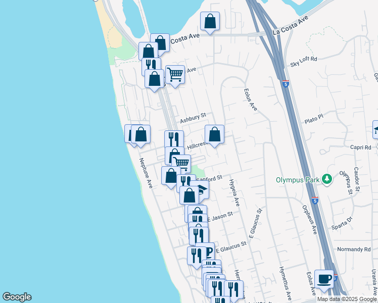 map of restaurants, bars, coffee shops, grocery stores, and more near 152 Hillcrest Drive in Encinitas