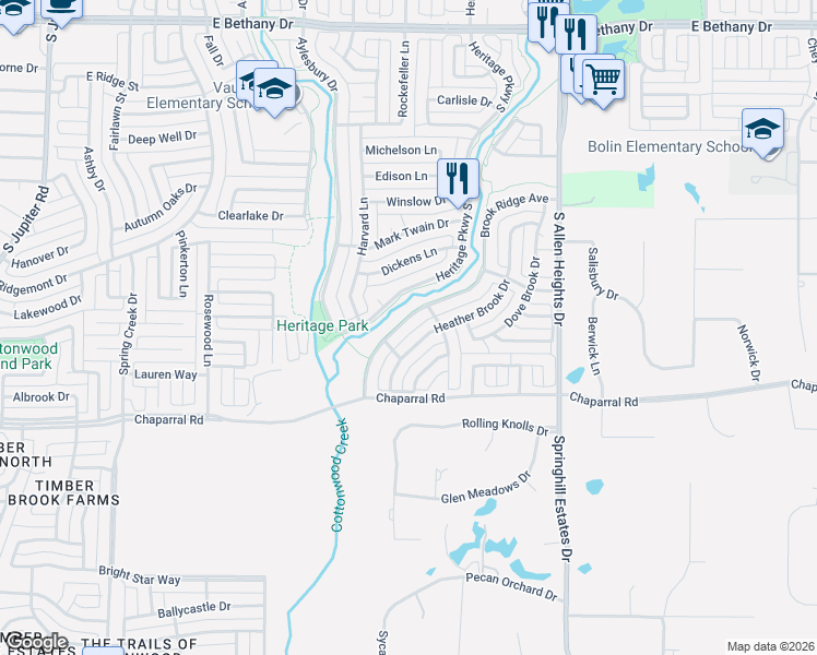 map of restaurants, bars, coffee shops, grocery stores, and more near 1223 Ramsey Court in Allen