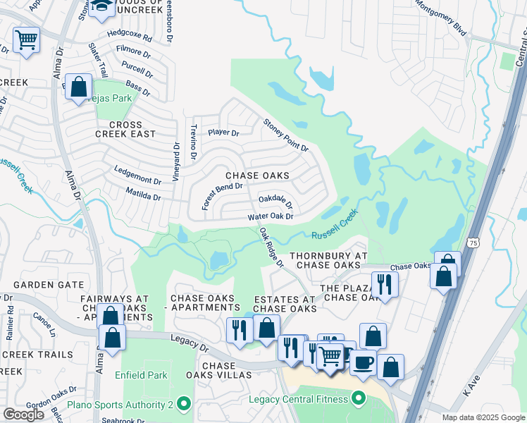map of restaurants, bars, coffee shops, grocery stores, and more near 665 Oakdale Drive in Plano