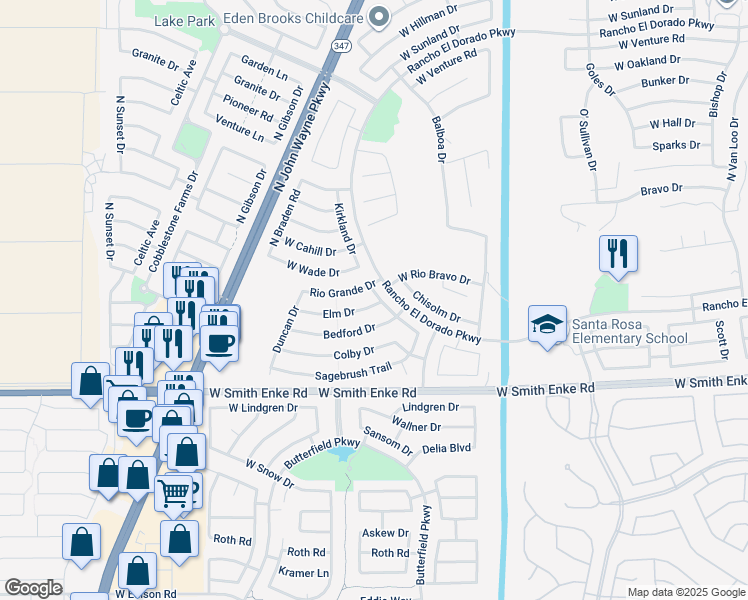 map of restaurants, bars, coffee shops, grocery stores, and more near 43598 West Elm Drive in Maricopa
