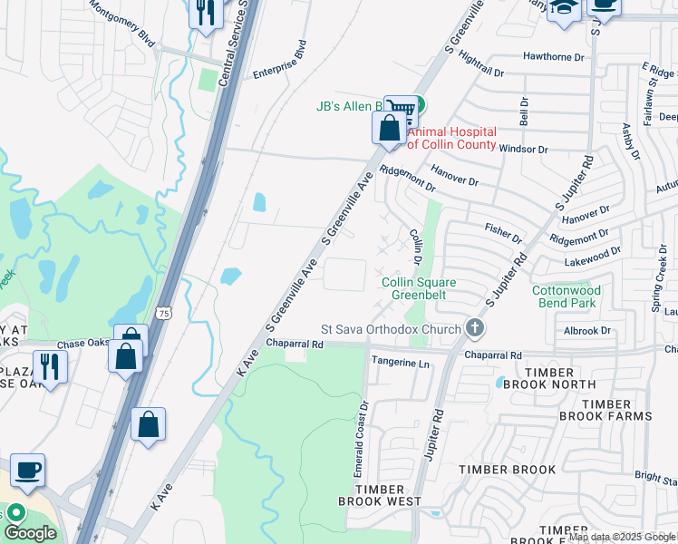 map of restaurants, bars, coffee shops, grocery stores, and more near 1451 South Greenville Avenue in Allen