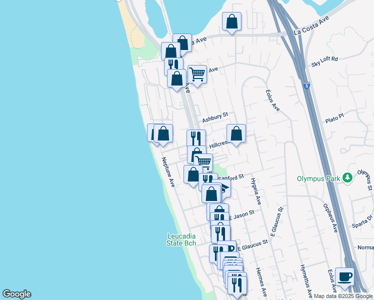 map of restaurants, bars, coffee shops, grocery stores, and more near 131 Grandview Street in Encinitas
