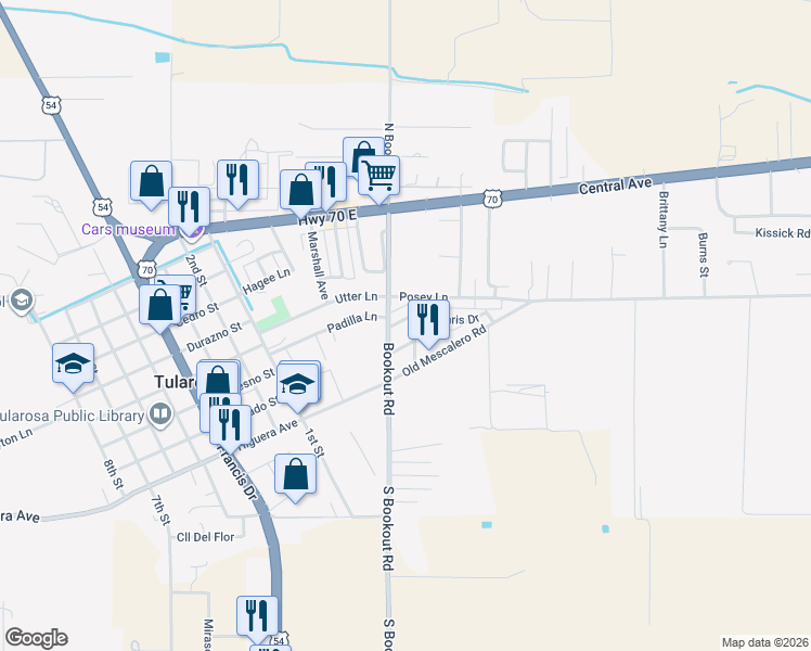 map of restaurants, bars, coffee shops, grocery stores, and more near 604 Posey Lane in Tularosa