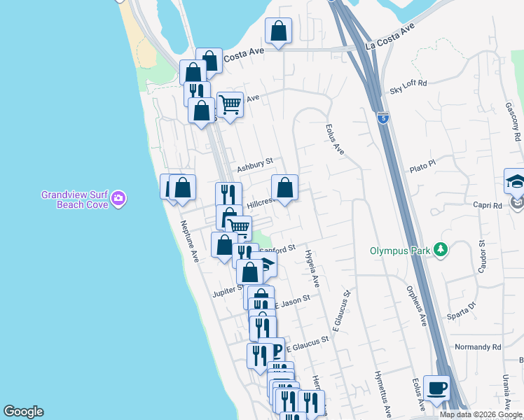 map of restaurants, bars, coffee shops, grocery stores, and more near 152 Hillcrest Drive in Encinitas