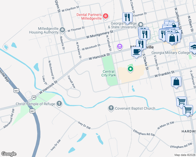 map of restaurants, bars, coffee shops, grocery stores, and more near 241-17 South Irwin Street in Milledgeville